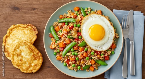 A vibrant plate of fried rice with vegetables, a fried egg, and two golden pancakes.