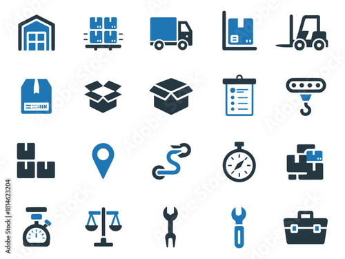 Colorful logistics and shipping icons representing warehouse and transport processes.