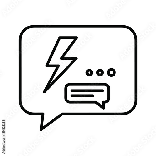 Outline icon of a lightning bolt inside a speech bubble with ellipsis and a smaller message bubble, isolated on