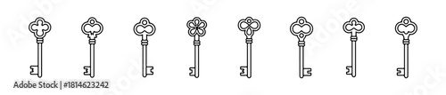 Minimal vintage key icons: ornate tops with symmetrical designs. Ideal for mystery, access, and decorative visuals.