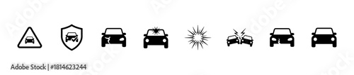 Minimal car crash icons: collisions, impacts, barriers, warnings, and damage. Ideal for safety, insurance, and traffic visuals.