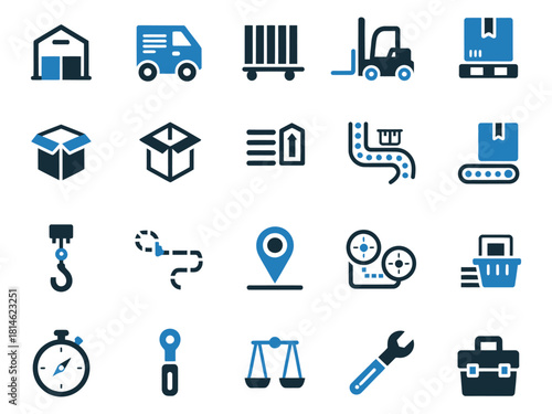 Collection of logistics and delivery icons in blue and black, showcasing essential warehouse elements.