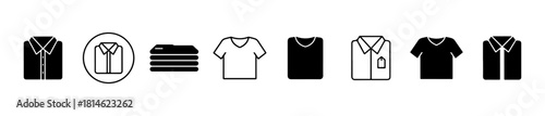Minimal clothing icons: shirts, tees, tank top, folded clothes, tags, and laundry symbols. Ideal for fashion, retail, and laundry visuals.