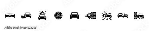 Minimal car crash icons: collisions, impacts, barriers, warnings, and damage. Ideal for safety, insurance, and traffic visuals.