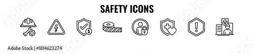 Minimal safety icons: construction, electrical hazard, shield, tape, health, alert, and personnel. Ideal for workplace and compliance visuals.