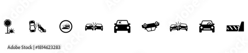 Minimal car crash icons: collisions, impacts, barriers, warnings, and damage. Ideal for safety, insurance, and traffic visuals.