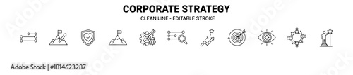 Minimal corporate strategy icons: goals, planning, security, vision, teamwork, and performance. Ideal for business and strategic visuals.