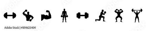Minimal weightlifting icons: dumbbells, barbells, strength poses, and fitness symbols. Ideal for gym, training, and motivational visuals.