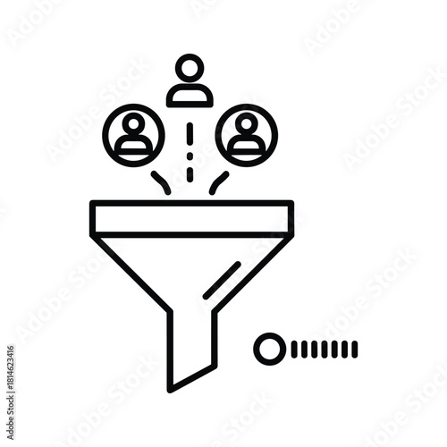 Simple black and white line icon illustrating a sales or marketing funnel filtering people or leads into a smaller group