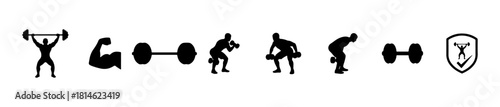 Minimal weightlifting icons: dumbbells, barbells, strength poses, and fitness symbols. Ideal for gym, training, and motivational visuals.