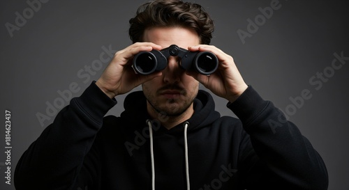 Young man wearing black hoodie using binocular to look forward, concept of surveillance, observation, searching, spy, discovery