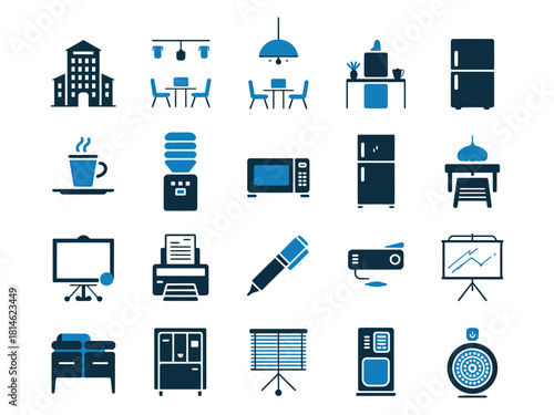 A collection of blue and white icons representing various home and office appliances and furniture.