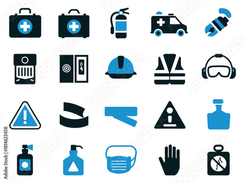 Collection of safety and emergency icons including first aid kit, fire extinguisher, and helmet.