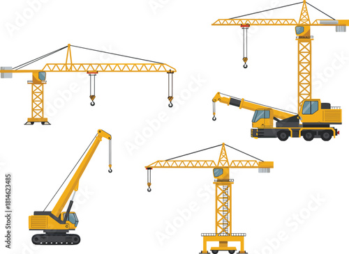 Construction crane vector set, four types of cranes, tower, mobile, crawler, structural components, hooks, booms, flat illustration, front view