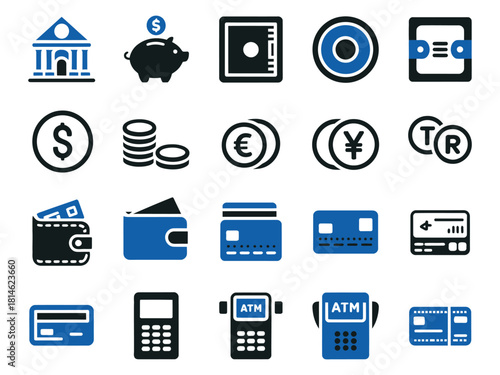 A collection of financial icons representing banking, currency, and payment methods.