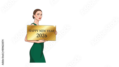 Elegant New Year: A glamorous figure holds a radiant gold sign bearing the inscription, 'Happy New Year 2026', embodying the anticipation of a fresh year. 