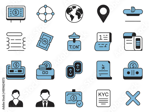 A collection of blue and black finance and technology icons depicting global transactions, identity, and currency.