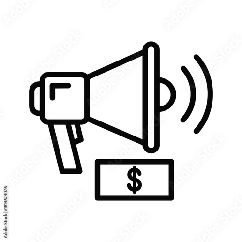 Black line art icon of a megaphone announcing money or financial promotion isolated on