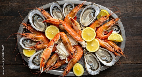 Seafood platter with oysters, shrimp, crab legs, and lemon wedges.
