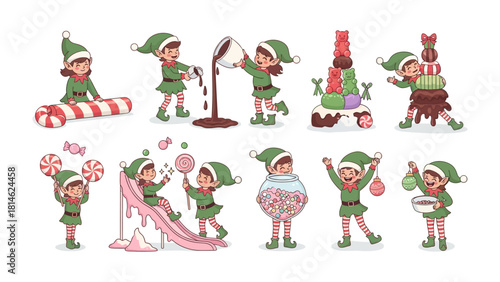 Elf Holiday Fun: A charming collection of playful elves brings joy to the holiday season, surrounded by delightful sweets and festive cheer. 