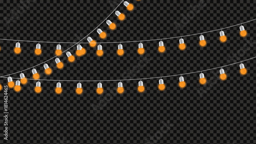 Festive orange string lights on transparent background for decoration