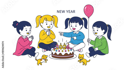 New Year Celebration with Children: A vibrant illustration showcasing four children gathered around a festive cake to celebrate the arrival of the New Year, full of joy and anticipation. 