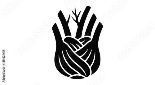 Black silhouette of a fennel bulb with green stems isolated on white background