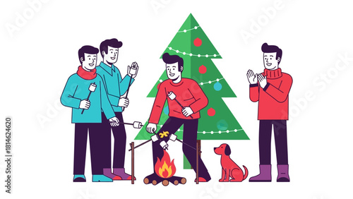 Festive Gathering: Friends enjoy a cozy winter gathering with toasted marshmallows around a crackling bonfire, a Christmas tree adding to the celebratory atmosphere.