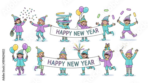 New Year Elf Celebration: A group of cheerful elves joyfully celebrate the New Year with banners, balloons, and confetti. The illustration is filled with the spirit of festivity and good tidings.
