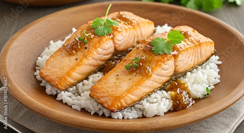 Two salmon fillets on a bed of rice in a wooden bowl.