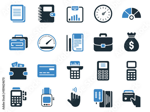 Various finance and business icons in blue and black, perfect for digital use.