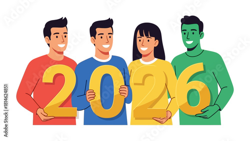 Year 2026: A group of diverse people join together, holding golden digits, celebrating the promise of the future. The image exudes a sense of togetherness and anticipation for the coming years.
