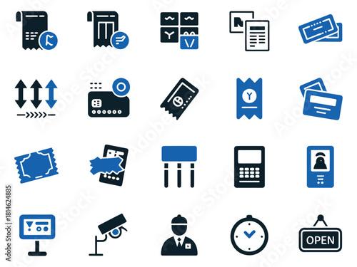 A collection of various business icons like receipts, tickets, and ID cards in blue and black.