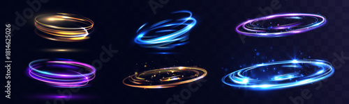 Lux glowing swirling energy rings in gold, purple and blue tones with sparkling particles, glossy neon highlights and dynamic radiant motion on dark transparent background.
