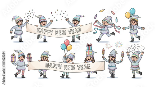 New Year's Elves Celebration: A festive illustration of cheerful elves engaged in lively New Year celebrations, holding banners, gifts, and balloons to herald the start of a new year.