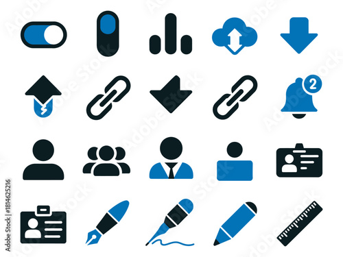 Collection of blue user interface icons representing various digital functions and connections.