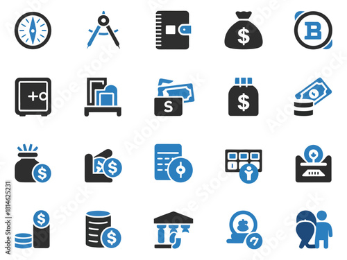 A collection of financial icons in blue and black, representing various money-related concepts.