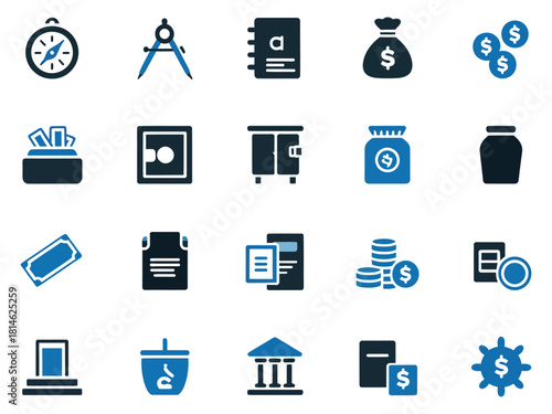 A collection of financial and organizational icons in blue and black tones.