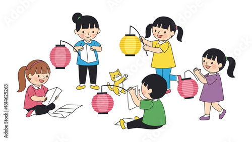 Joyful Lantern Celebration: A group of children are happily holding colorful lanterns, radiating warmth and happiness. This image celebrates the tradition and joy.