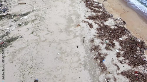 Aerial view of a sandy beach with plastic and logs washed out of the sea. Concept of ecology and environmental pollution. Plastic trash by the sea