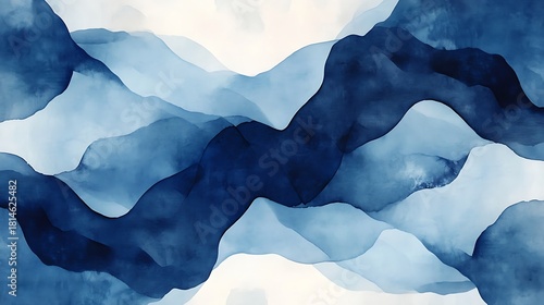 Beautiful watercolor layers of varying blue tones gently form serene abstract mountain ranges or rolling waves