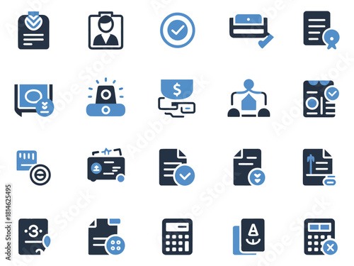 An array of blue and dark icons representing various professional activities and tasks.