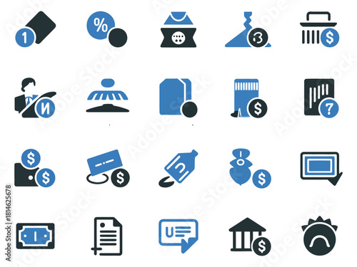 A collection of blue and gray financial and business icons representing various concepts.