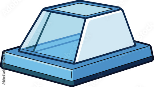 Stylized illustration of a transparent display case on a blue base