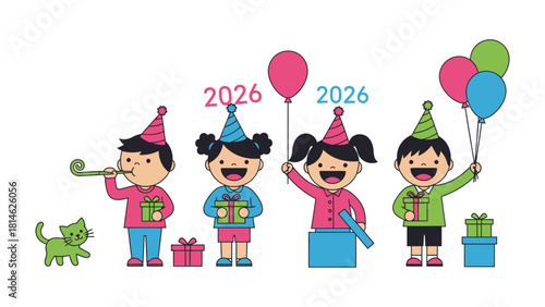 Celebratory Gathering: A lively illustration captures the essence of a joyous celebration, featuring children adorned in festive attire, each holding gifts, balloons, or celebratory instruments.