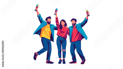 Festive Celebration with Drink Cans: Three friends celebrating joyfully, raising drink cans in a moment of festive revelry. They stand for vibrant friendship and the simple joy of togetherness.