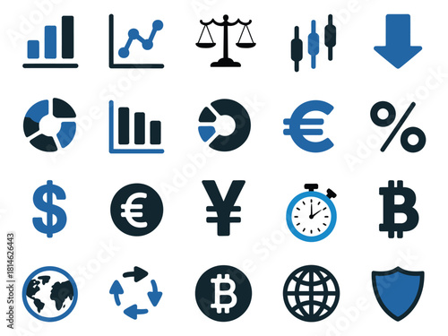 Array of financial icons representing graphs, currencies, and global finance.