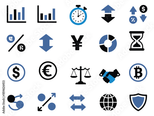 Various finance and economy-related icons in blue and black colors on a white background.