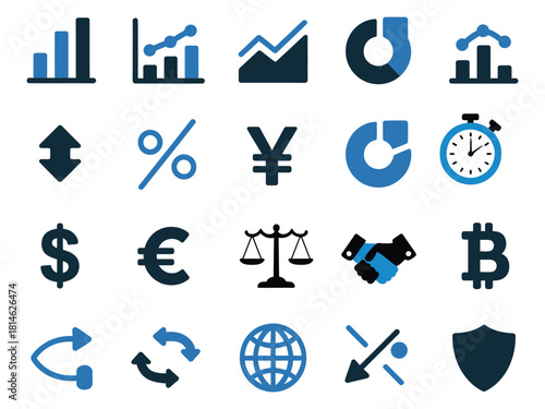 A collection of financial and economic icons in blue tones, depicting graphs, currencies, and exchanges.