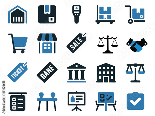 Collection of various business and logistics icons in blue and black tones.